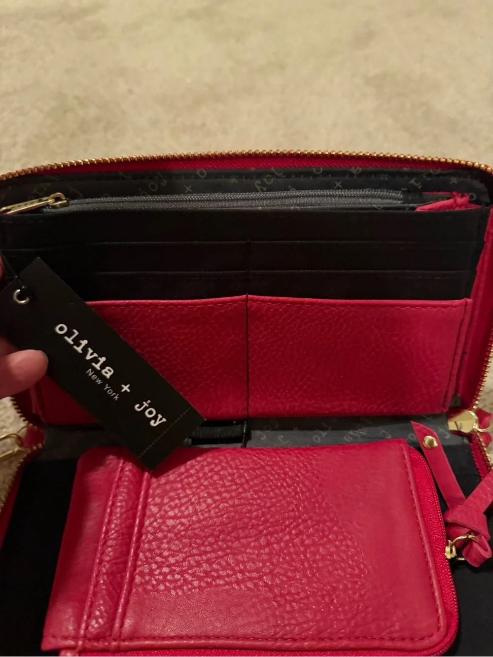 Olivia + Joy zip-around wristlet wallet pink textured faux leather gold hardware
